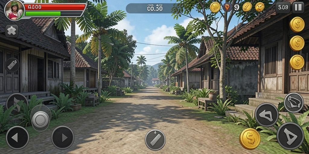 Screenshot menampilkan tampilan level pertama dengan grafis yang cerah.